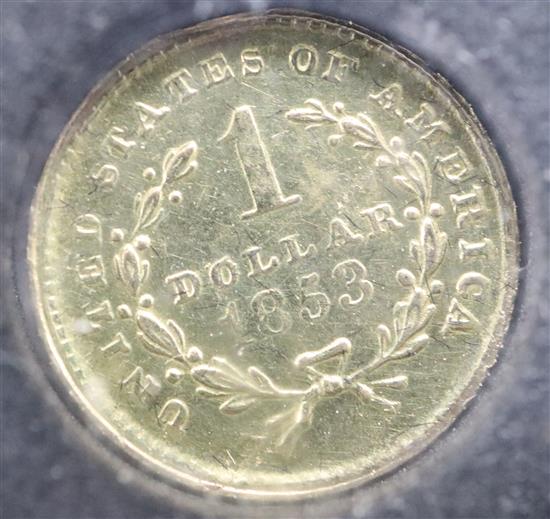 U.S. milled coinage, a gold one dollar, 1853,